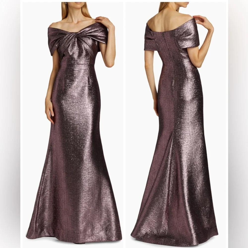 Teri Jon by Rickie Freeman Metallic Jacquard Bodice Off Shoulder Gown Dress - Picture 3 of 16